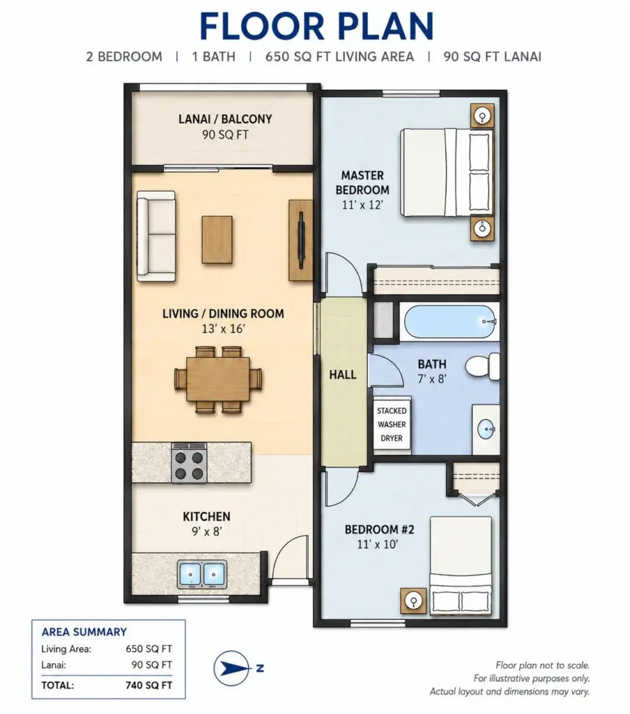 Floor plan for Waikele Rental showing two bedrooms, one bathroom, kitchen, living area, laundry, and lanai